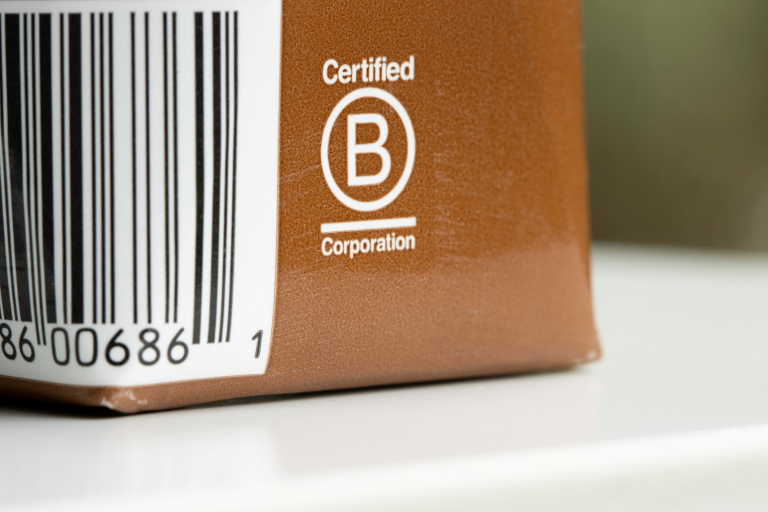 What is a B Corp – A cardboard box with the B Corp certified logo printed